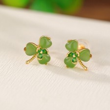 F02 Ohrringe Kleeblatt aus grüner Jade Blüte vergoldet Sterling Silber 925