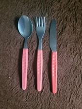 DDR Kinderbesteck  Rot mit Punkten  Messer + Gabel + Löffel