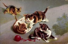 Ak Vier spielende Katzenbabys, rotes Wollknäuel - 11258770