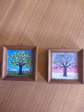 2 Miniaturbilder Sommer, Winter Öl auf Leinwand, handgemalt, Echtholzrahmen