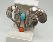 mega große Brosche Jugendstil korallfarbende türkisfarbende Steine Schmuck