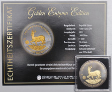 GABUN: 1000 Francs 2017: SPRINGBOCK, 1 oz 999 SILBER, GOLDEN ENIGMA, St, COA Be1