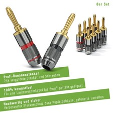 8x Profi Bananenstecker für alle Lautsprecherkabel bis 6mm² 24K vergoldet Kupfer