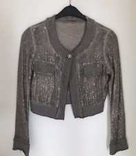 Pailletten Jacke Kurzjacke Jeansjacke 36 38 S M grau taupe Bolero Top Jäckchen