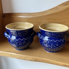 Kleine Keramik- Töpfe  Blau Mit Weißen Punkten