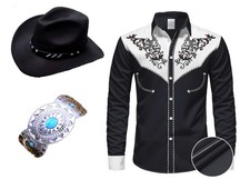 Cowboyhut Texashut schwarz mit Band + Cowboyhemd + Armband Country NEU TOP Gr. M