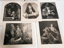 Set 5 Stahlstiche Grafiken antik Edelfrau Dame Schloss Rosenkranz Kostüm Heirat