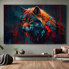 Mystischer Wolf in Rot und Blau | Nordische Tierkunst Leinwand & Poster Druck