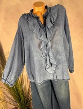 Damen Bluse Rüschen 100% Baumwolle Ballonärmel One Size 40-46  Washed Out blau