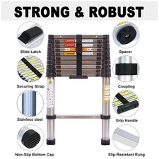 Edelstahl Verlängerungsleiter 2,6–5 m, 150 kg, rutschfeste Füße, kompakt