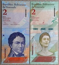 2x 2 Bolivares Banknoten, Geldscheine Venezuela- 2012, 2018, UNC