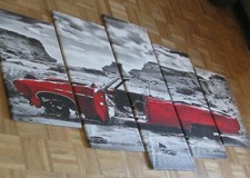 Bilder Auto 200x100 cm Vlies Leinwandbild 5 tlg Kunstdruck-Roter Wagen - Wüste