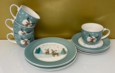 12 tlg. Kaffeeservice in blau-grün mit Elch und Sterne NEU Porzellan Weihnachten