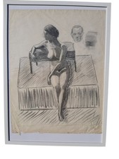 Aktbild Frau Kohle Zeichnung gerahmt Büttenpapier Vintage Raum Berlin selten