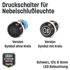 Nebelschlußleuchte Druckschalter 16mm Schwarz LED 12V IP65 Nebellampe Schalter