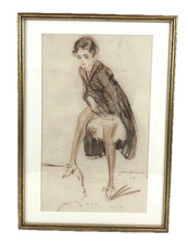 Kreide Zeichnung Max Brüning ( 1887-1968) sign. Dame Frau Seidenstrümpfe Erotik