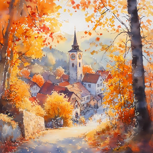Wandbild dorf kirche - dorf,