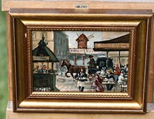 Pariser Straßenszene mit Café und Pferdekutsche – Öl auf karton signiert, Rahmen