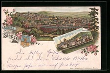 Lithographie Siegen, Ortsansicht m. unterem Schloss u. Wappen 1899 