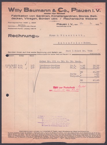 Rechnung baumann co - co, plauen