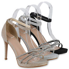 Damen Riemchensandaletten Sandaletten Party Strass Glitzer 840029 Schuhe 
