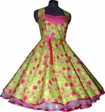 Kleid grün weiße Punkte pink Blumen 50er Jahre Tanzkleid 36/38
