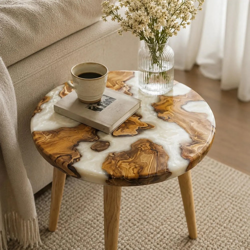 Weißer epoxid tisch - rund, holz