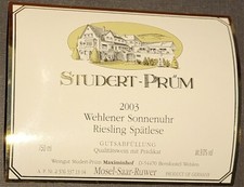 Weinetikett 2003 Wehlener Sonnenuhr Riesling Spätlese Studert-Prüm MOSEL-SAAR