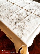 Antik Rarität Tafeltuch Leinen weiß 284x182 cm üppigste Handarbeit Stickerei #3