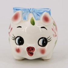 Keramik Spar-Schwein vintage mit blauer Schleife