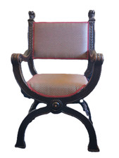 Antiker  Scherenstuhl/Scherensessel schwarz, Löwenköpfe, vor 1900, gepolstert