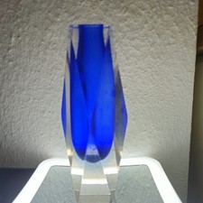 Murano Glas Blockvase asymmetrisch Sommerso 22cm Blau dekorativ vintage