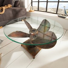 Maritimer Couchtisch OCEAN M - 60cm - kupfer geflammt - rund mit Glasplatte