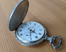 Edox Taschenuhr Savonette, Gehäuse ziseliert Hirsch und Hund, Swiss made