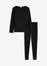 Thermo Pyjama Set Gr. 40/42 Schwarz Damenpyjama Schlafanzug Hose Shirt Neu*