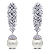 2.12ct Natürlich Rund Diamant 14K Solid Weiß Gold Perle Hochzeit Lang Ohrring