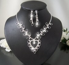 Schmuck Set  Hochzeit Braut Collier Kette Ohrringe silber Strass Herz neu S1238*