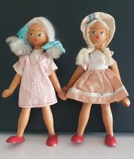 Vintage 2 x 60er polnische Holzpuppe mit Original Kleidung 18cm handgefertigt