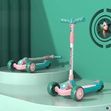 Kinderoller Kinderscooter Dreiradscooter Faltbar LED Räder Kickscooter Grün/Rosa