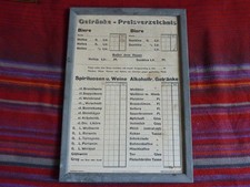 kein Emailschild Getränke Verzeichnis mit Kriegszuschlag Flaschenbier WWI, WWII