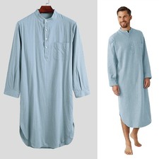 Herren Nachthemd Langarm Stehkrage Schlafshirt Pyjamaoberteil  Kaftan mit Knöpfe