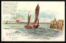 Sonnenschein-Lithographie Einlaufendes Segelboot 1899 