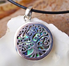 Silber Kettenanhänger Abalone Paua Muschel Regenbogen Rund Lebensbaum 2 cm Ø 