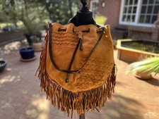 AS 98 Handtasche, Damen, große Beuteltasche mit Fransen, Leder, gelb