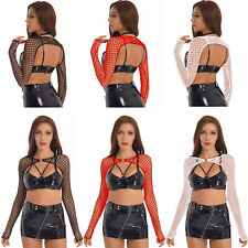 Damen Langarm Crop Top Netz Oberteil Kurz Shirt Durchsichtiges Dessous Clubwear