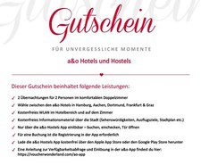 A&O Hotel Gutschein 2 Pers. 2 Nächte: Hamburg, Aachen, Dortmund, Frankfurt, Graz