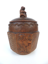 ALTE DOSE DECKELDOSE HOLZ GESCHNITZT FROSCH FIGUR PELIKAN EULE FISCH KATZE MOTIV