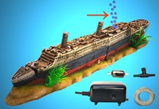 Aquarium Deko sprudelndes 🐠 TITANIC SET ➕ LUFTPUMPE 🐠 ➕ Zubehör Schiff (VO)