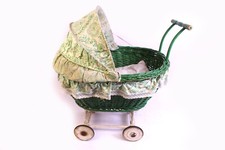 alter Vintage Korb Puppenwagen Stubenwagen Puppenbett Sonnendach Retro Rattan