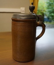 Antiker Bierkrug Walzenkrug Steinzeug Rillendekor Zinndeckel 18. 19. Jahrhundert